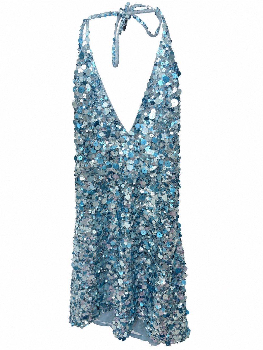 VINTAGE Ruth Tarvydas Platinum Aqua Blue Silk Paillette Halter Mini Dress US 2